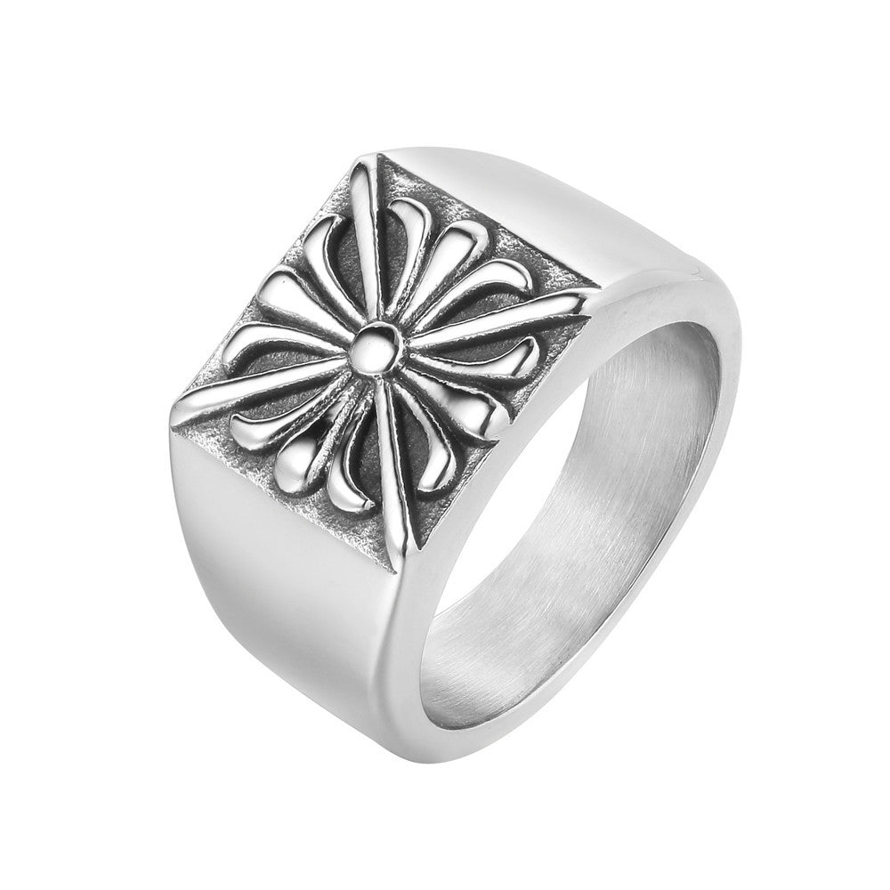 Cross Flower Square Titanium Steel Ring for Men