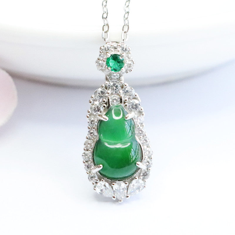 Sterling Silver Necklace with Natural Ice Green Jade and Zircon Little Flower