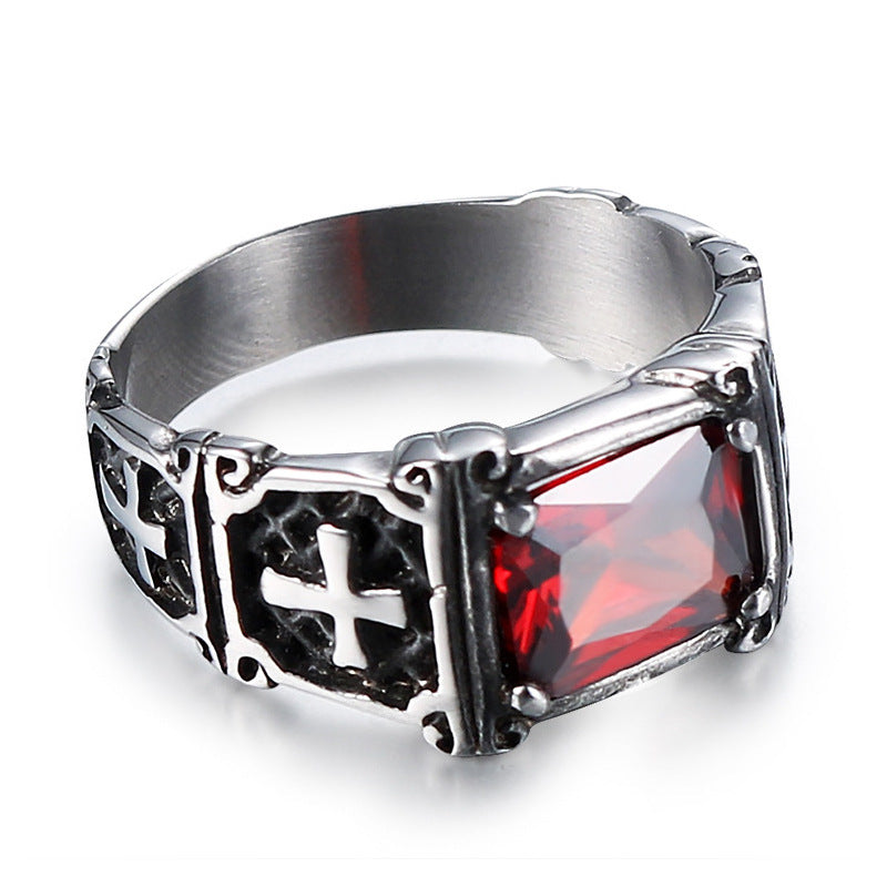 Men's Retro Red Diamond Cross Ring - Zircon-Encrusted Titanium Steel Fashion Accessory