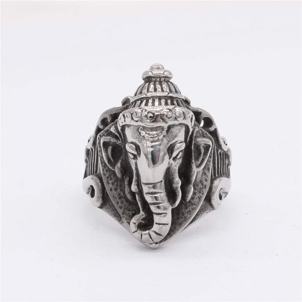 Thai Auspicious Buddha Elephant Titanium Steel Ring for Men