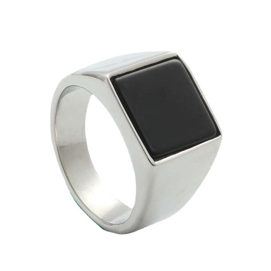 Men's Retro Titanium Steel Black Gemstone Square Ring - Trendy Epoxy Design, Available in Sizes 7-13