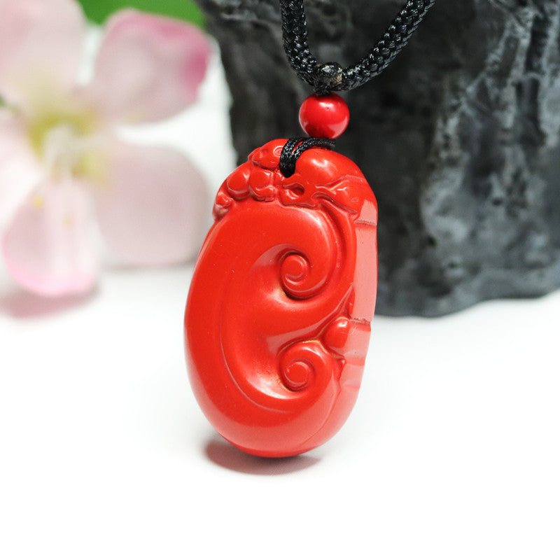 Cinnabar Ruyi Pendant in Red Sand: Sterling Silver Jewelry from Planderful Collection