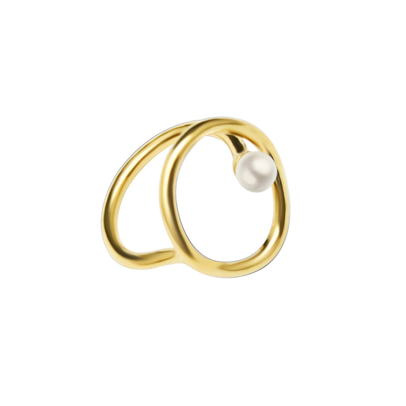 18K Gold Geometric Ring with Imitation Pearl Accent - Women's Fashion Jewelry