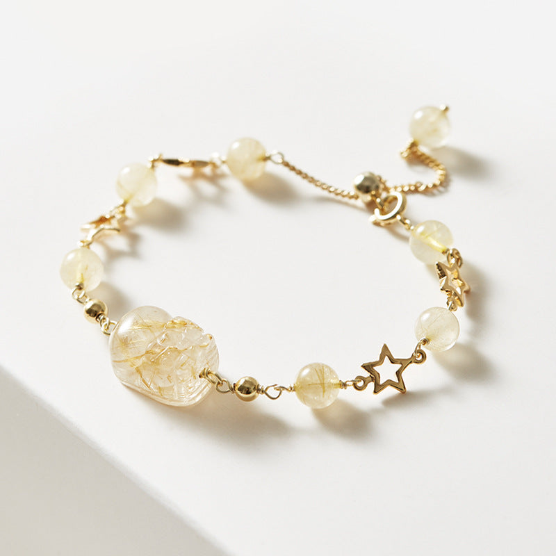 Attract Wealth with Golden Crystal Pixiu Bracelet for Girls - Unique Star Chain Design