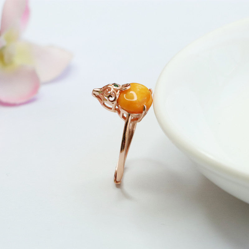 Hollow Gourd Ring Crafted from 925 Sterling Silver and Beeswax Amber