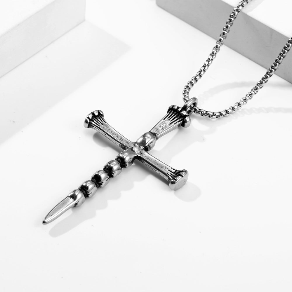 Titanium Steel Ghost Head Sword Cross Pendant Necklace for Men