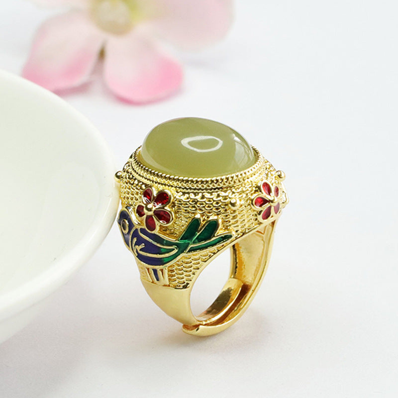 Colourful Flower Bird Pattern Ring with Authentic Hetian Jade and Sterling Silver