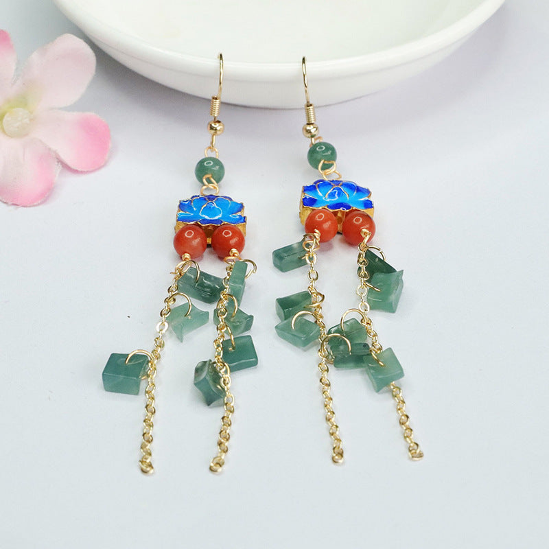 National Wind Jade Tassel Earrings with Sterling Silver Ear Hooks and Blue Enamel Lotus Symbol