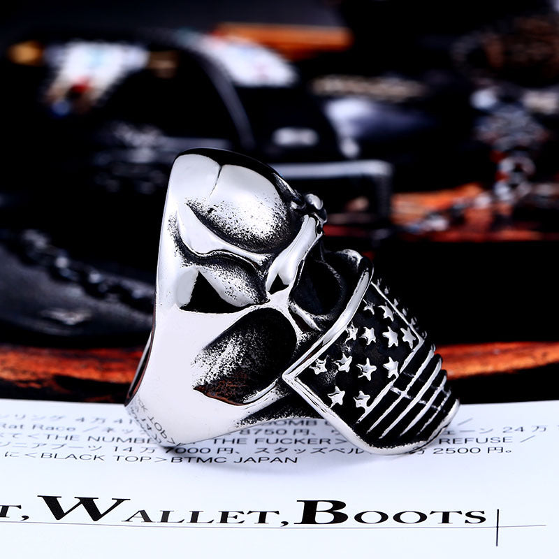 Gothic Skull Mask Titanium Steel Ring, Unique Stainless Steel Pentagram Ring for Men