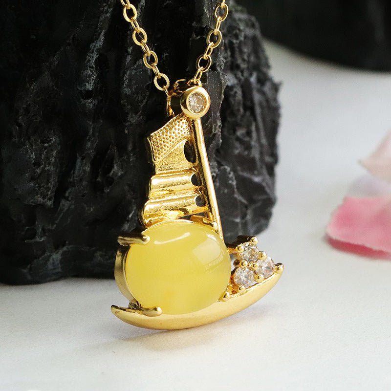 Golden Amber Beeswax Sailing Boat Pendant Necklace