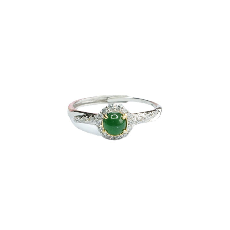 Emperor Green Jade Sterling Silver Zircon Ring With Adjustable Opening