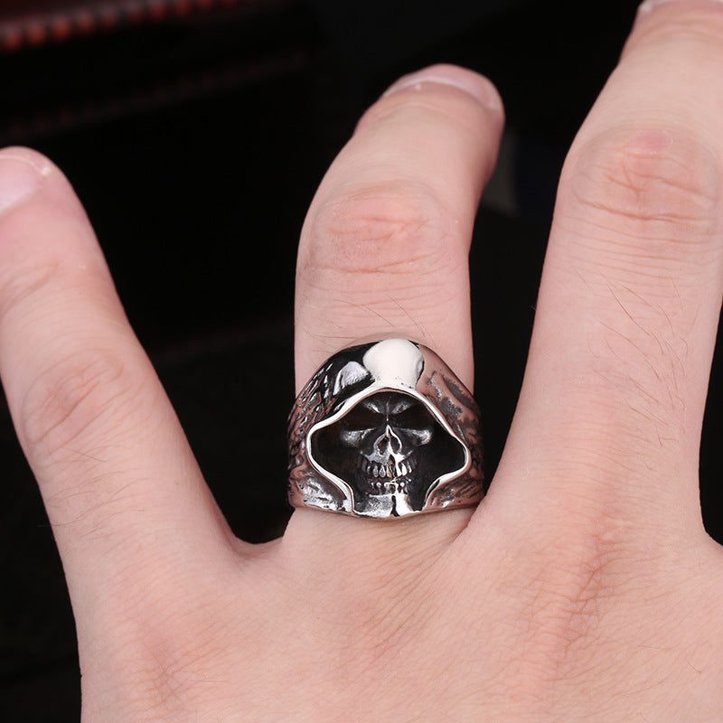 Vintage-Inspired Men's Titanium Steel Reaper Skull Ring - Wholesale Alternative Jewelry