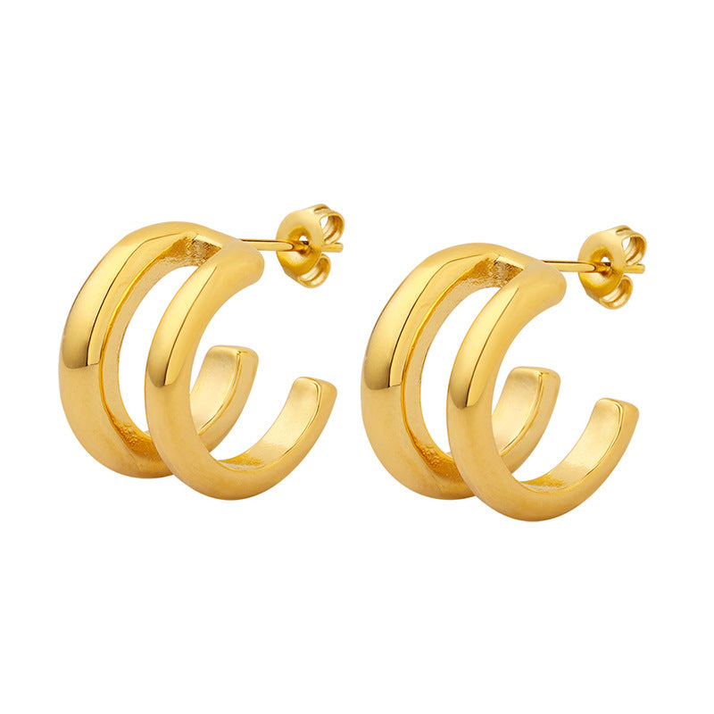 Chic Double Button C-Shaped Earrings in Titanium Steel with 18K Gold Plating