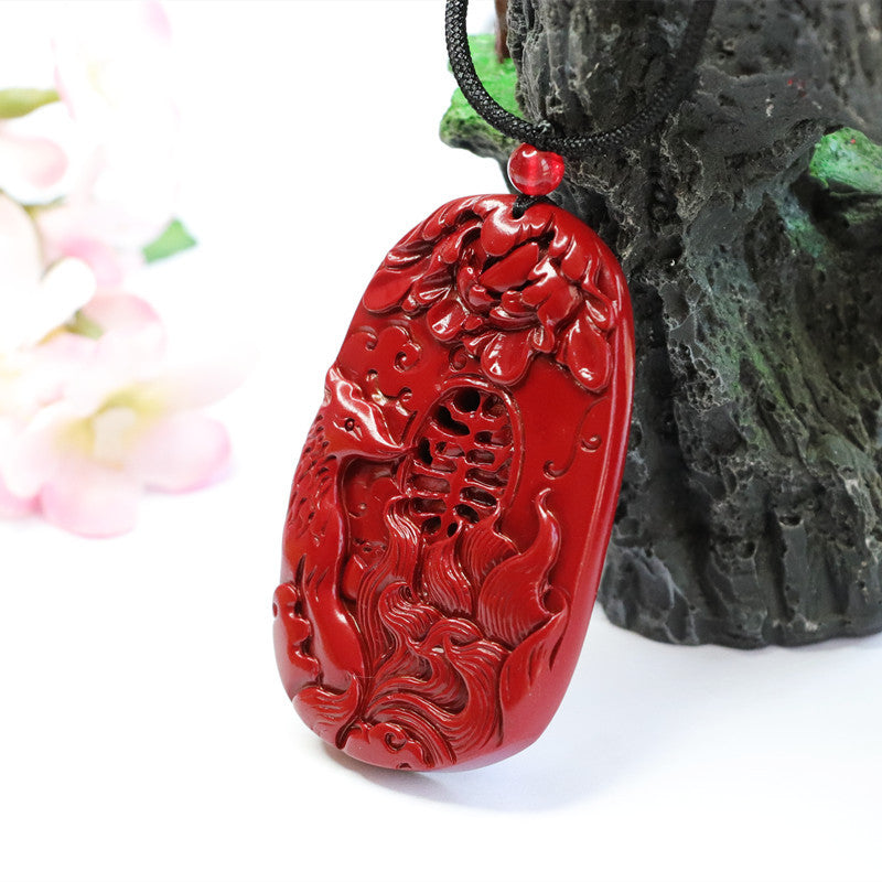 Nine Tailed Fox and Peony Flower Sterling Silver Pendant with Cinnabar Stone