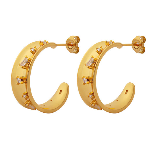 Cold Street Style Zircon C-Shaped Earrings with Copper Material