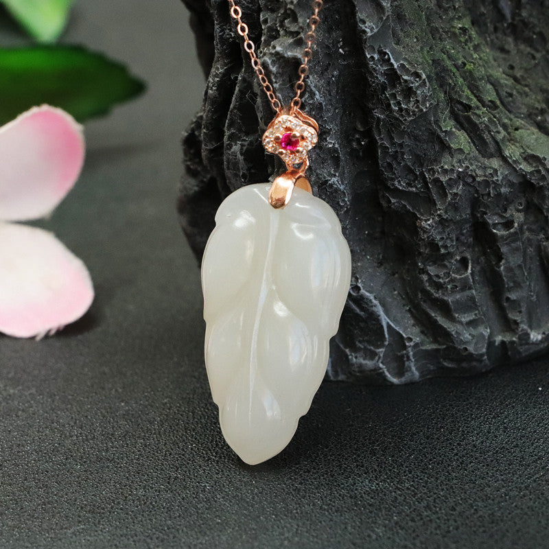 Leaf Jade and Zircon Flower Sterling Silver Necklace with Hotan Jade Pendant