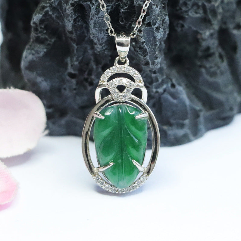 Green Leaf Jade Necklace with Sterling Silver Pendant