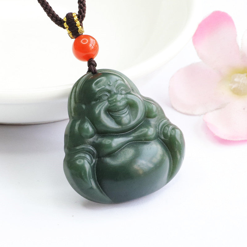 Buddha Pendant Necklace with Green Jade and Sterling Silver