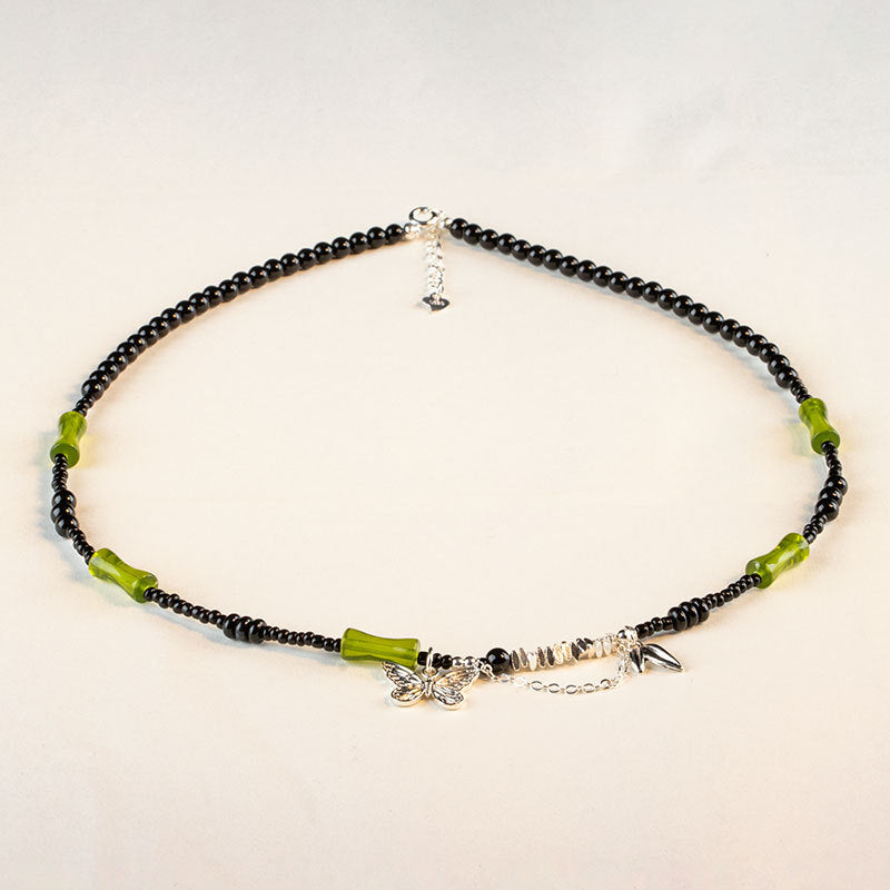 Fortune's Favor Sterling Silver Agate Necklace with Black Onyx and Green Bamboo Leaf Butterfly Pendant