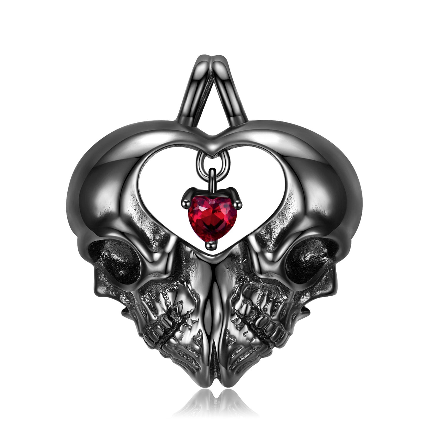 Halloween Double Sided Skull Heart Shape Pendant Red Zircon Silver Necklace