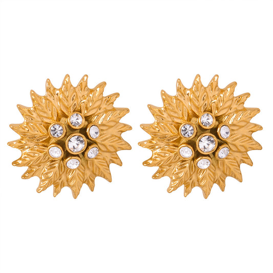 Luxurious Gold-Plated Zircon Flower Earrings in Titanium Steel