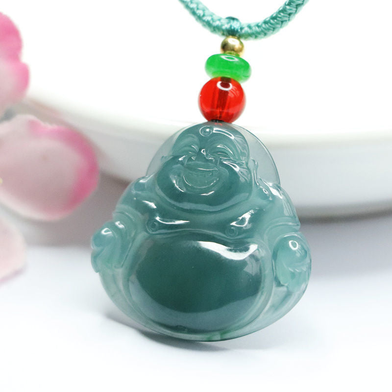 Buddha Jade Necklace with Ice Blue Green Natural Jade Pendant