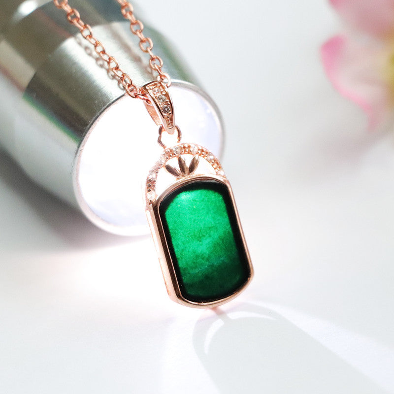 Fortunate Blackish Green Jade Pendant Necklace with Three Leaf Grass Zircon