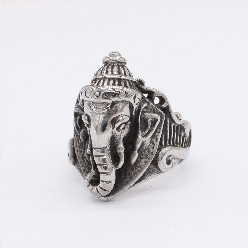 Thai Auspicious Buddha Elephant Titanium Steel Ring for Men