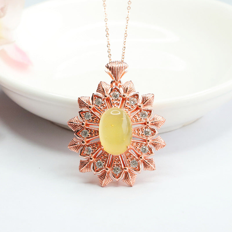 Golden Amber Snowflake Sterling Silver Necklace