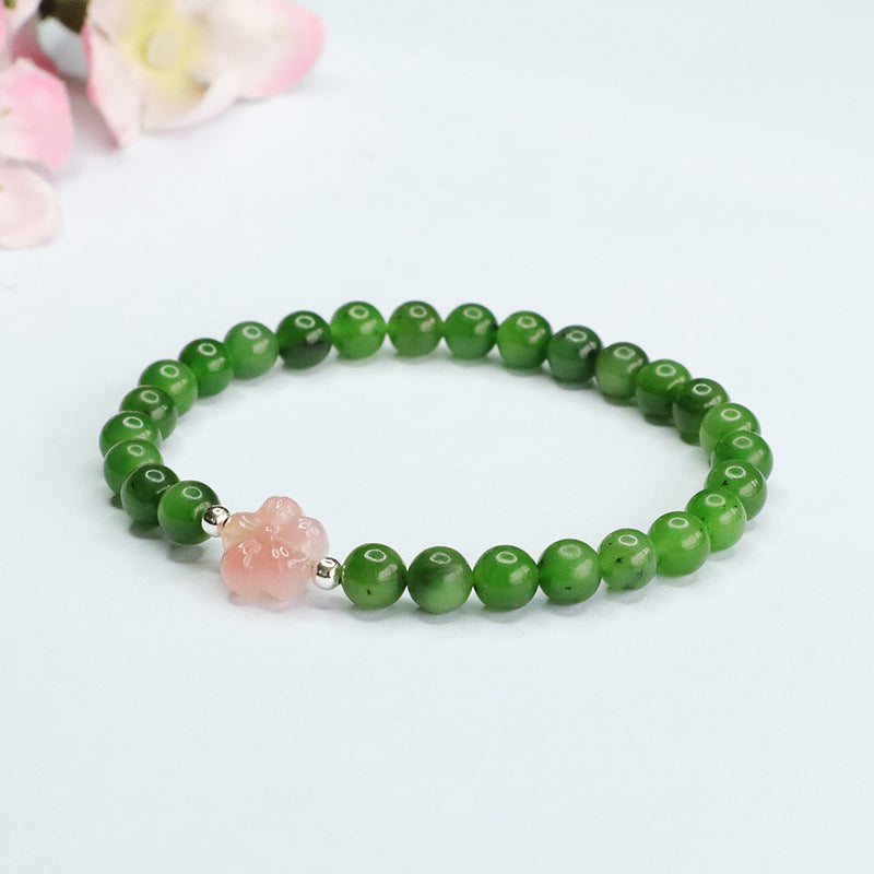 Hetian Jade and Agate Flower Jasper Bracelet with Sterling Silver Charm