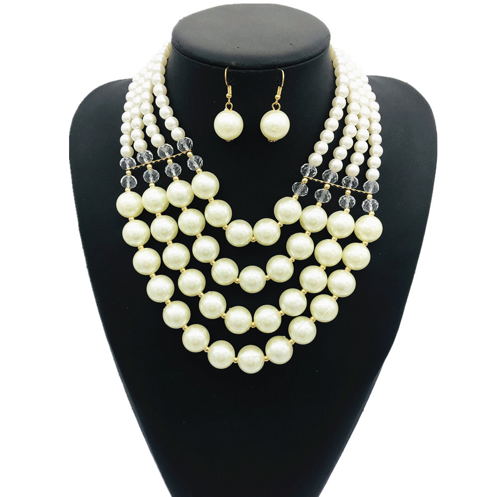 Vibrant Imitation Pearl Multi-layer Jewelry Set with a Touch of Europe and America, Amazon Necklace Set