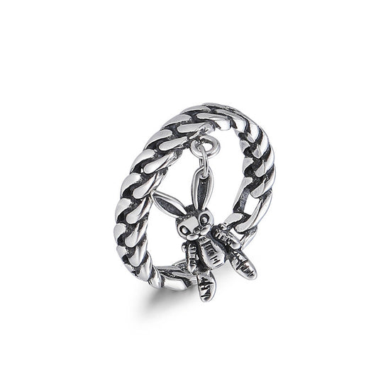 Cute Rabbit Pendant Woven Opening Sterling Silver Ring