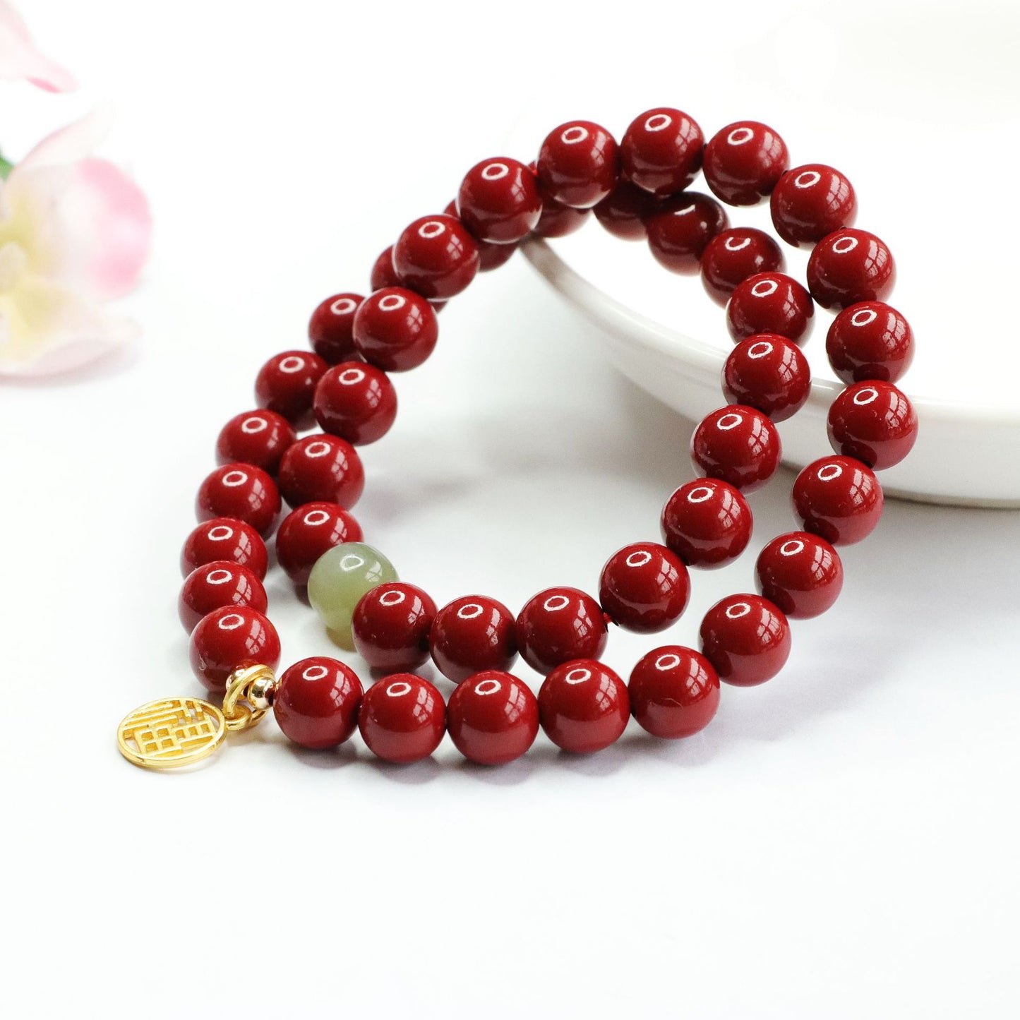 Cinnabar Stone and Jade Rosary Bracelet with Sterling Silver Details