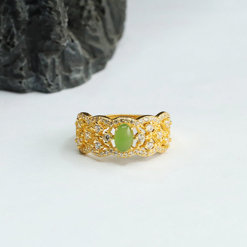 Zircon-Adorned S925 Silver Hollowed Hetian Jade Jasper Ring