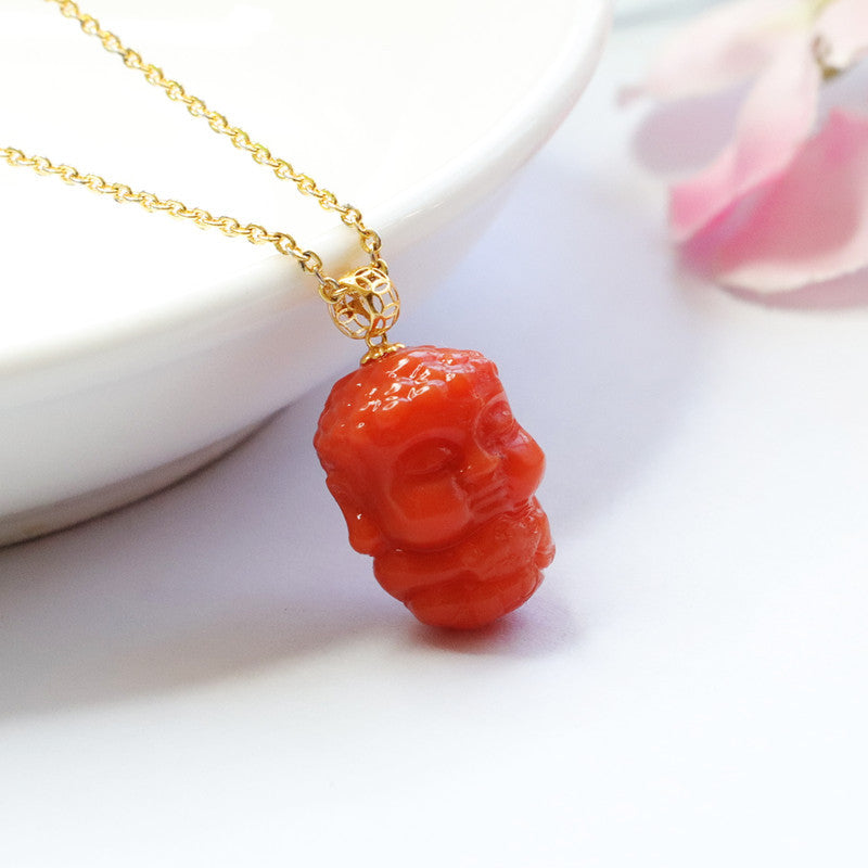 Red Agate Baby Buddha Necklace with Sterling Silver Needle