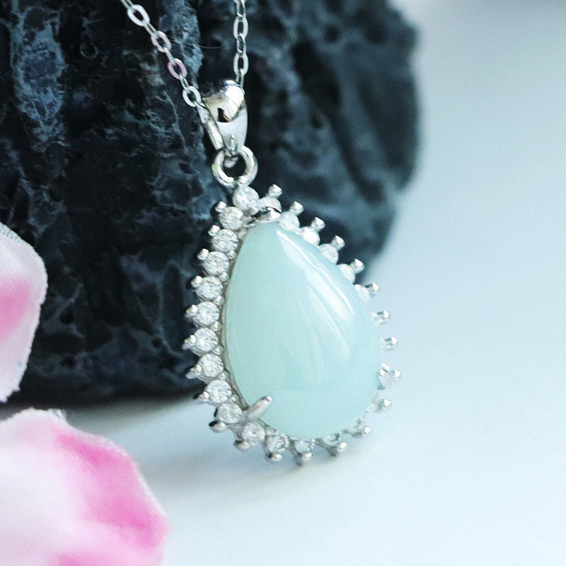 Sterling Silver Jade Water Drop Pendant Necklace with Zircon Halo