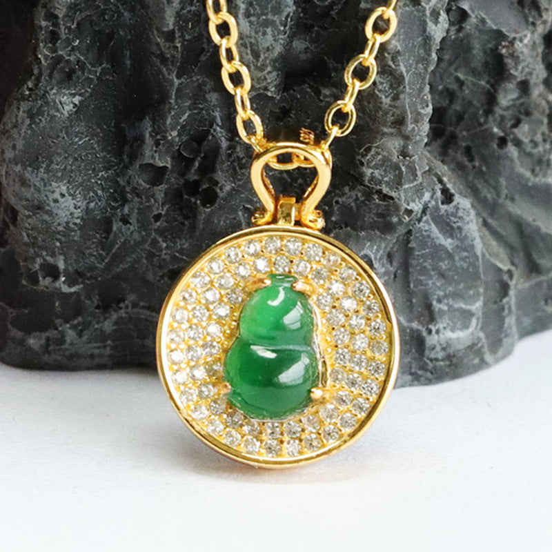 Imperial Green Jade Gourd Necklace with Zircon Pendant in Sterling Silver