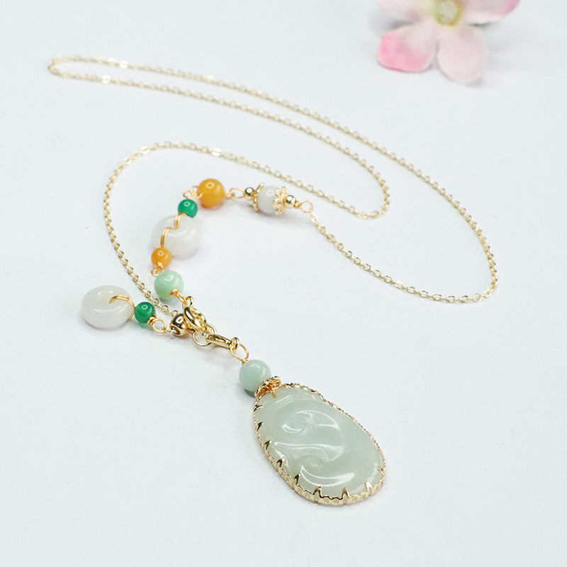 Jadeite Ruyi Necklace with Sterling Silver Chain and Jade Detail