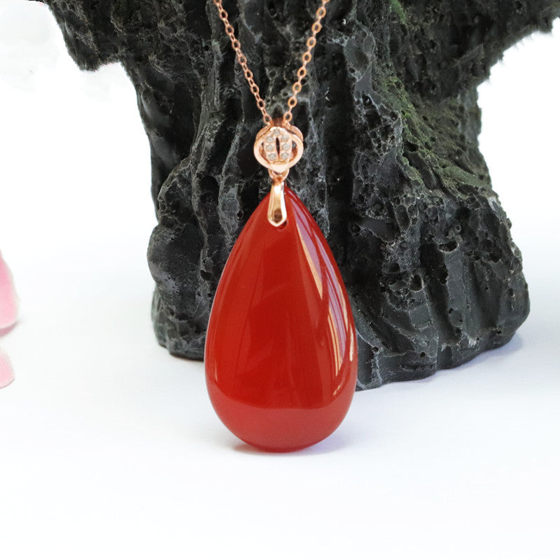 Rose Gold Necklace with Red Agate and Jade Chalcedony Water Droplet Pendant