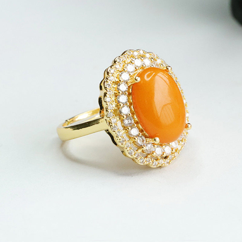 Amber Beeswax Sterling Silver Ring with Zircon Halo Lace