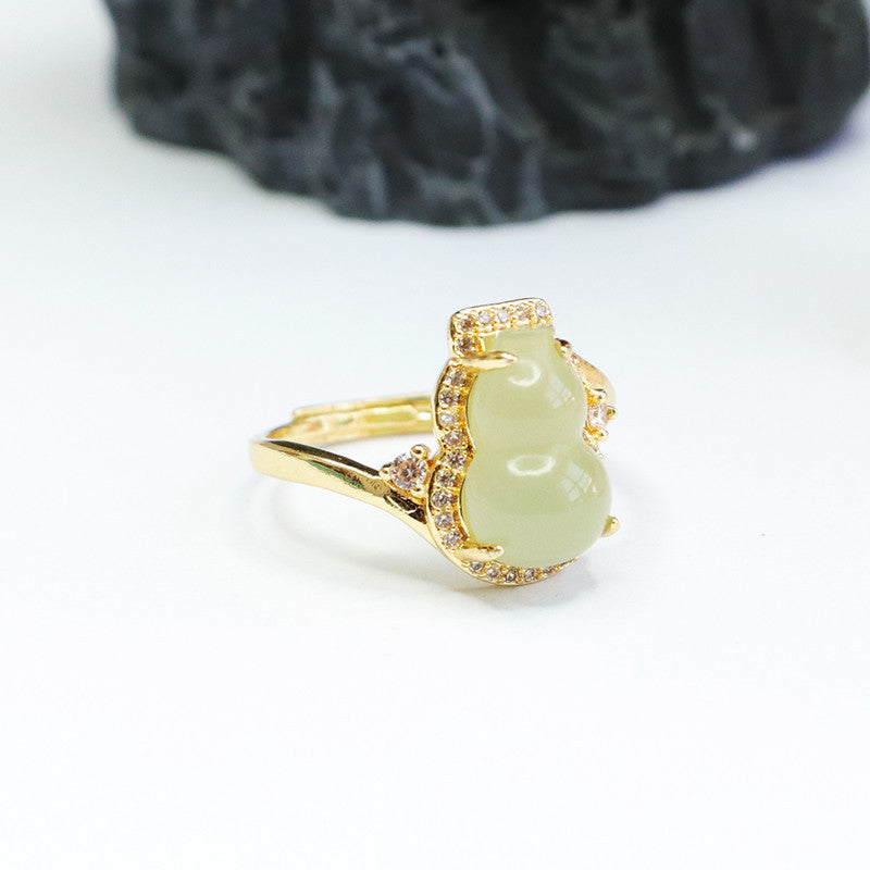 Elegant Hotan Jade Gourd Zircon Ring Jewelry