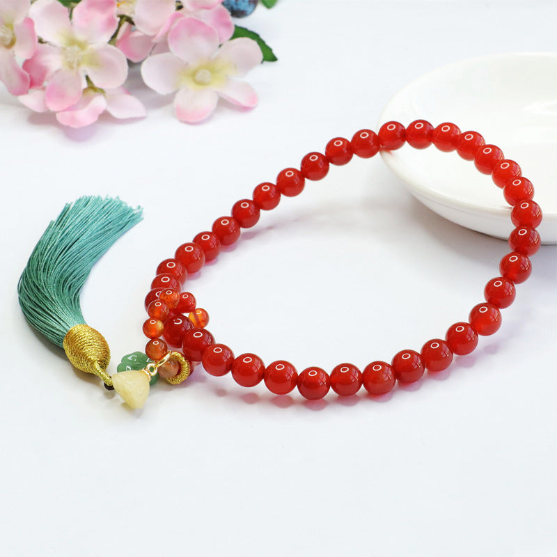 Red Agate Chalcedony Bracelet with Clover Lotus Seedpod Tassel