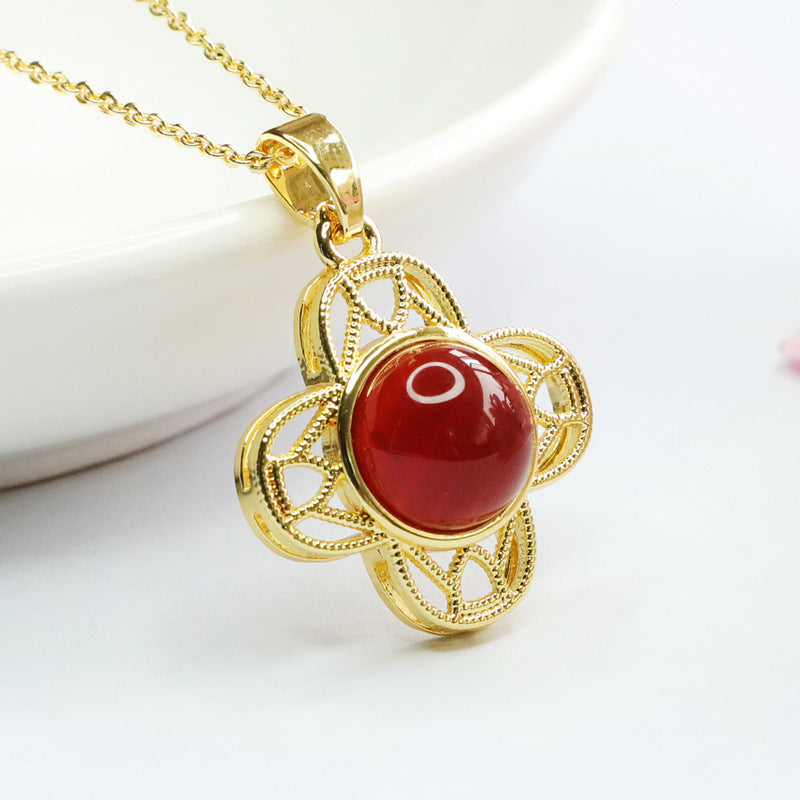 Red Agate Hollow Clover Pendant Necklace Jewelry With Sterling Silver Chain