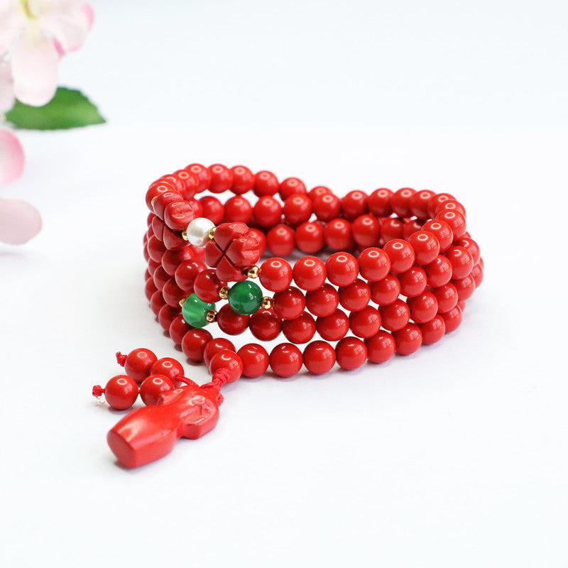 Lucky Clover Cinnabar Stone Sterling Silver Bracelet