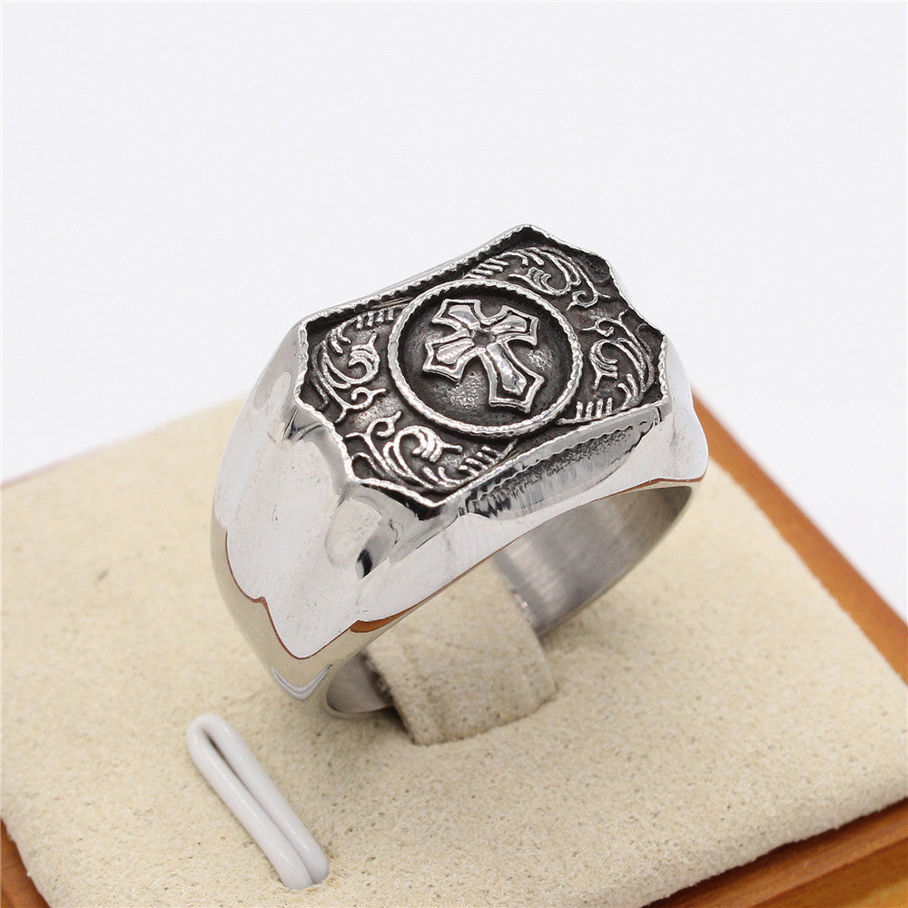 Palace Style Carved Cross Titanium Steel Ring for Men