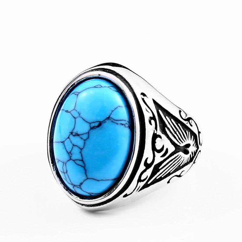 Vintage Turquoise Titanium Steel Men's Ring with Personalized Engraving