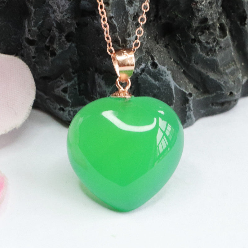 Rose Gold Necklace with Sterling Silver Green Chalcedony Love Pendant