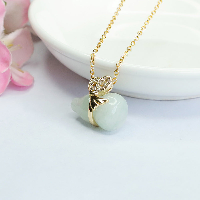 Fortune's Favor Sterling Silver Necklace with Natural Burmese A Jade Gourd and Zircon Bow Pendant