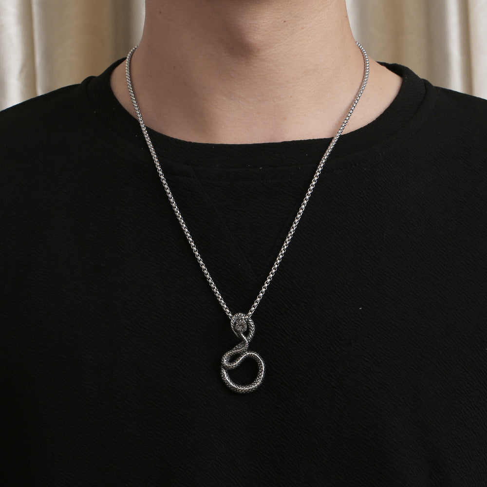 Trendy Cross-Border Snake Pendant Necklace for Men - Retro Titanium Steel Sweater Chain