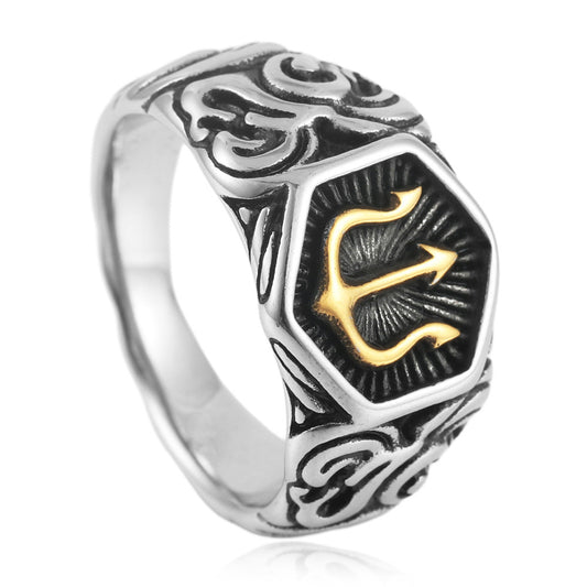 Trendy Men's Retro Titanium Steel Trident Ring - European and American Style